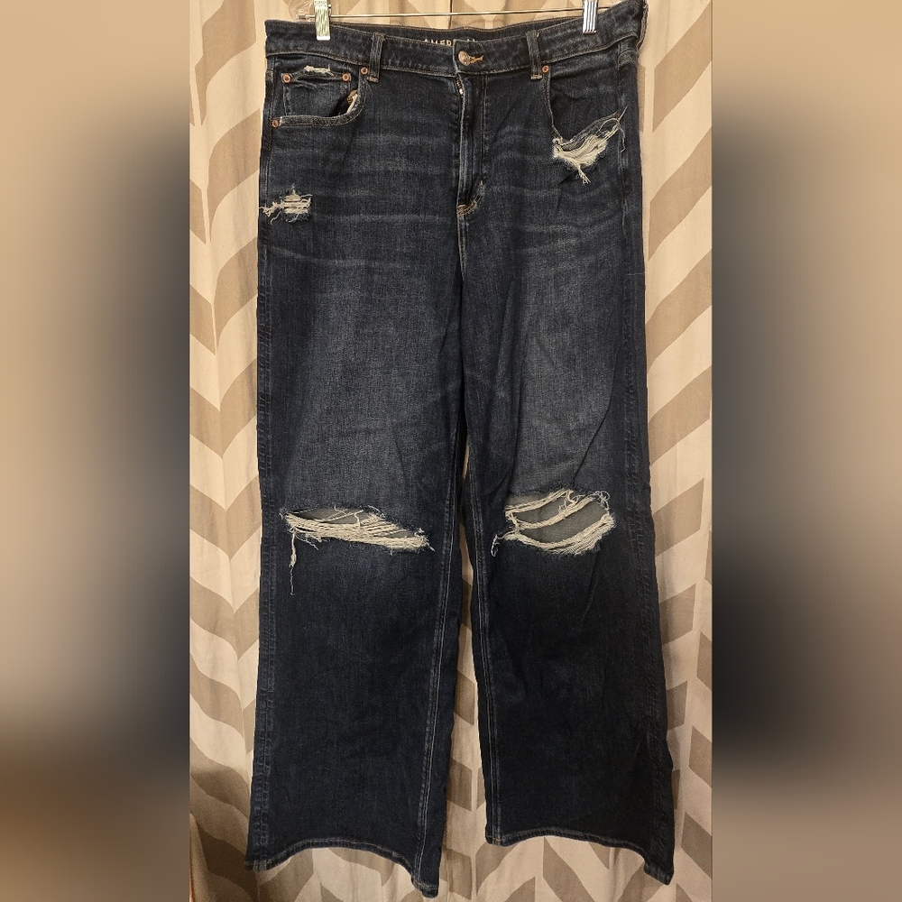 American Eagle Outfitters Distressed Dark Denim Wide Leg Jeans